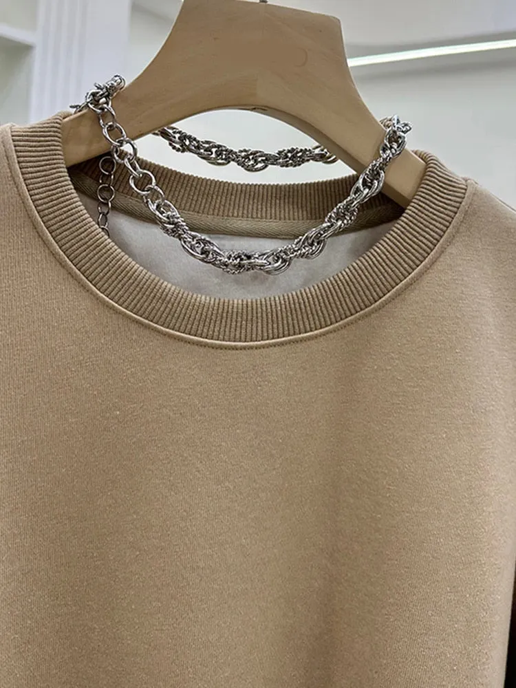 Patchwork Chain Solid Loose Sweatshirts For Women O Neck Puff Sleeve Pullover Casual Sweatshirt Female Fahion