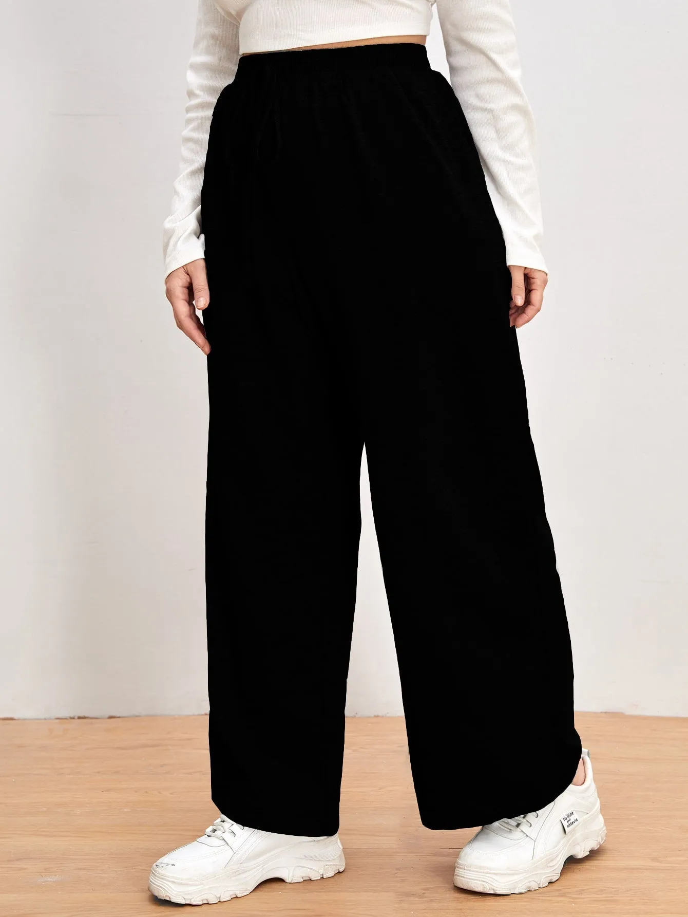 Plain Tie Front High Waist Long Plus Size Sweatpants