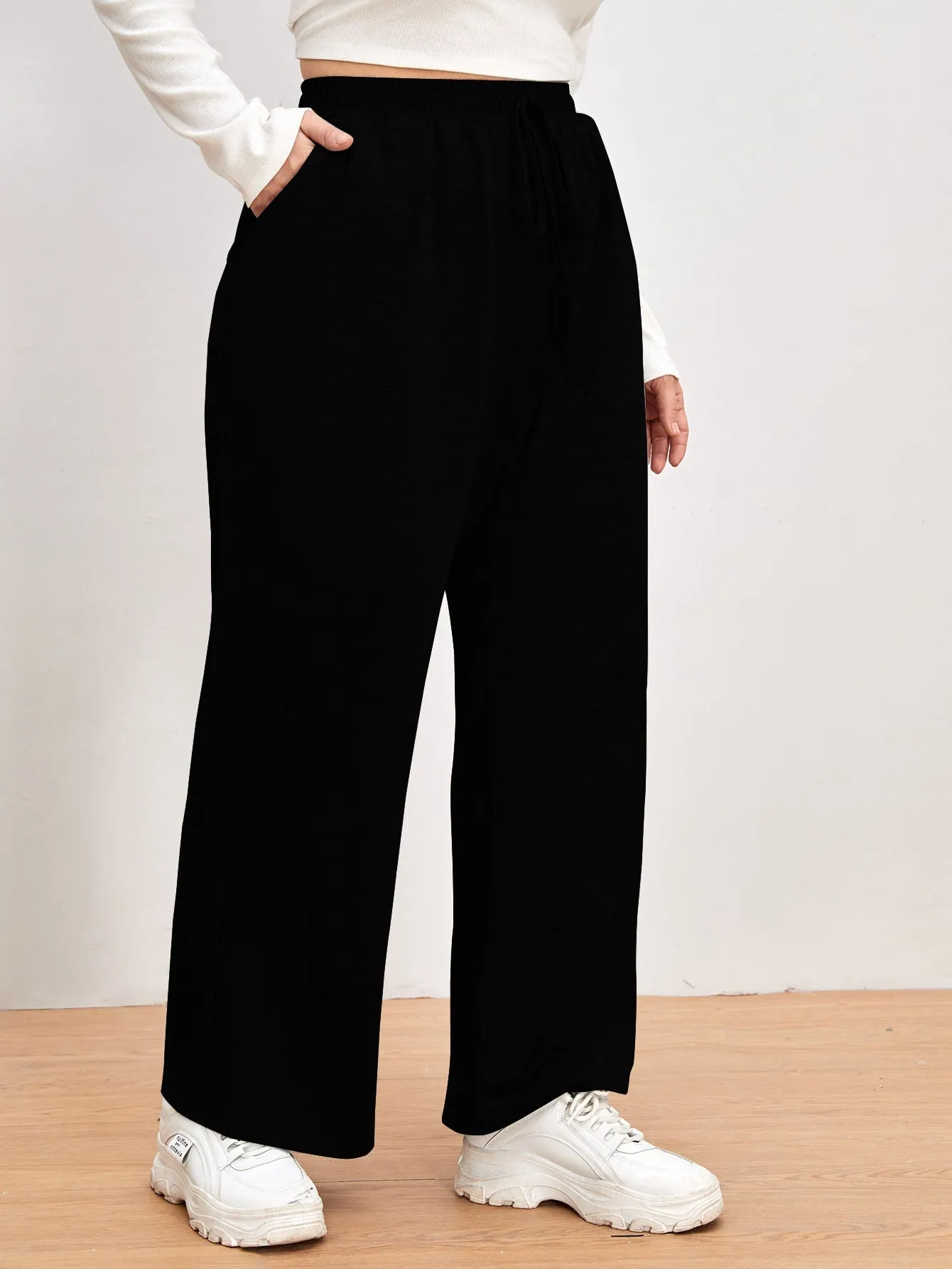 Plain Tie Front High Waist Long Plus Size Sweatpants