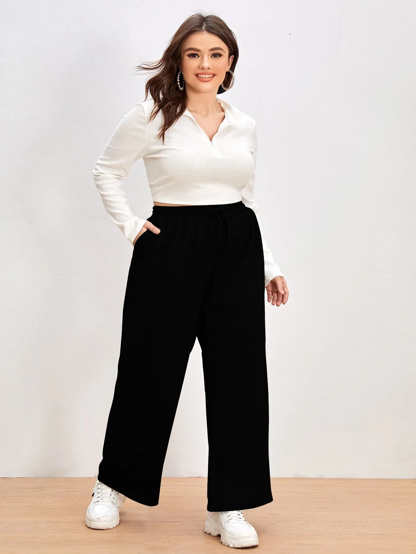 Plain Tie Front High Waist Long Plus Size Sweatpants