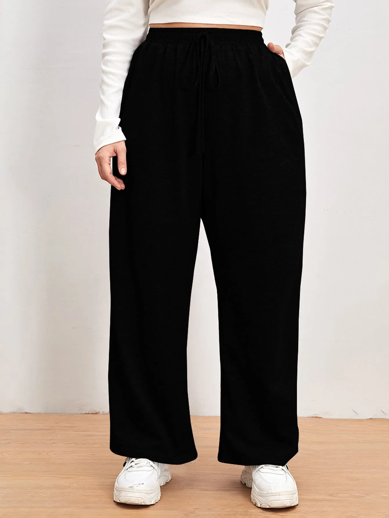 Plain Tie Front High Waist Long Plus Size Sweatpants