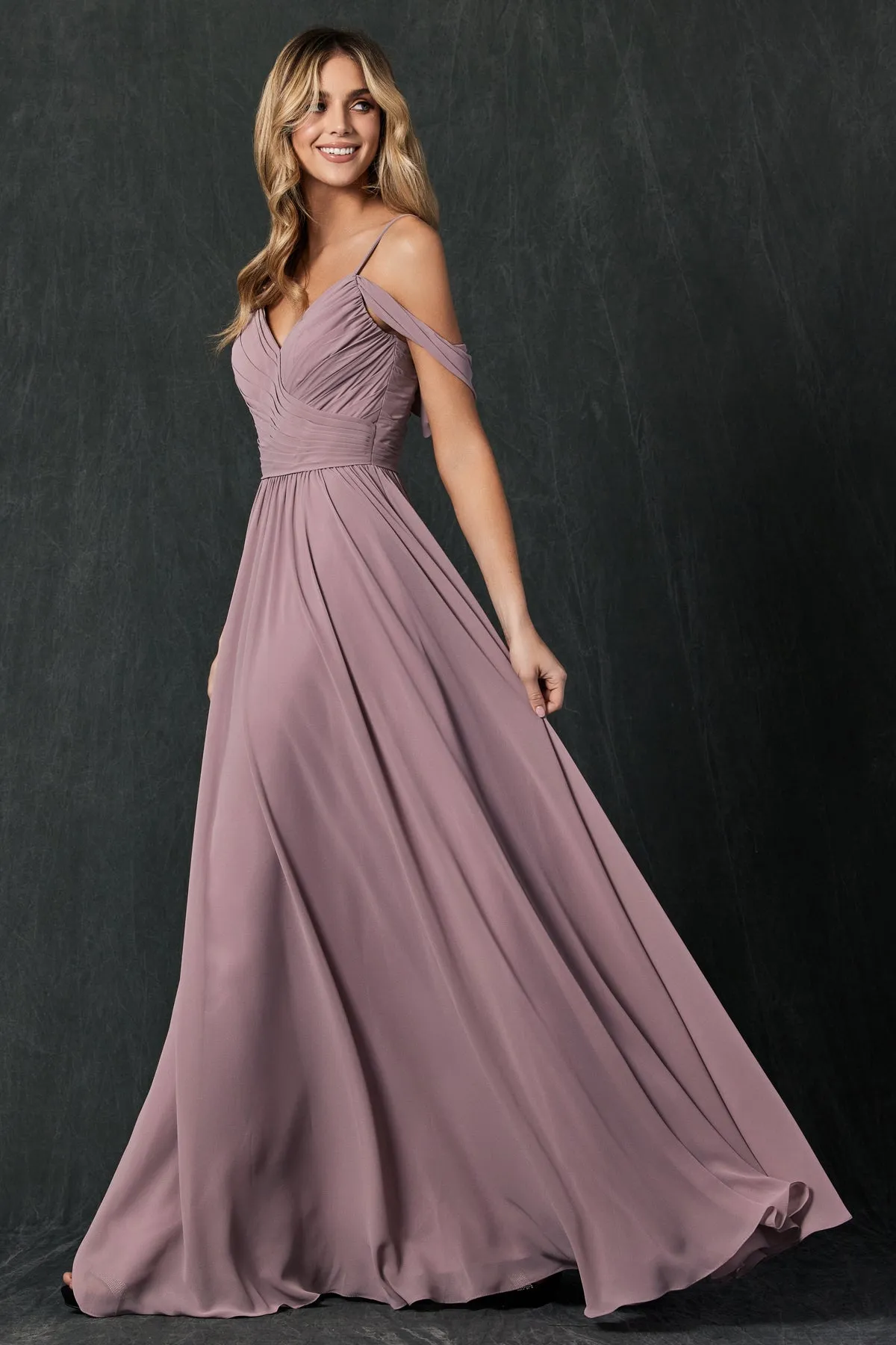 Pleated off the shoulder full skirt formal bridesmaid dress JT262