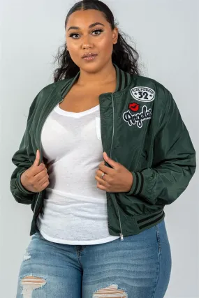 Plus Size Dark Green Patch Bomber Jacket / 2-2-2