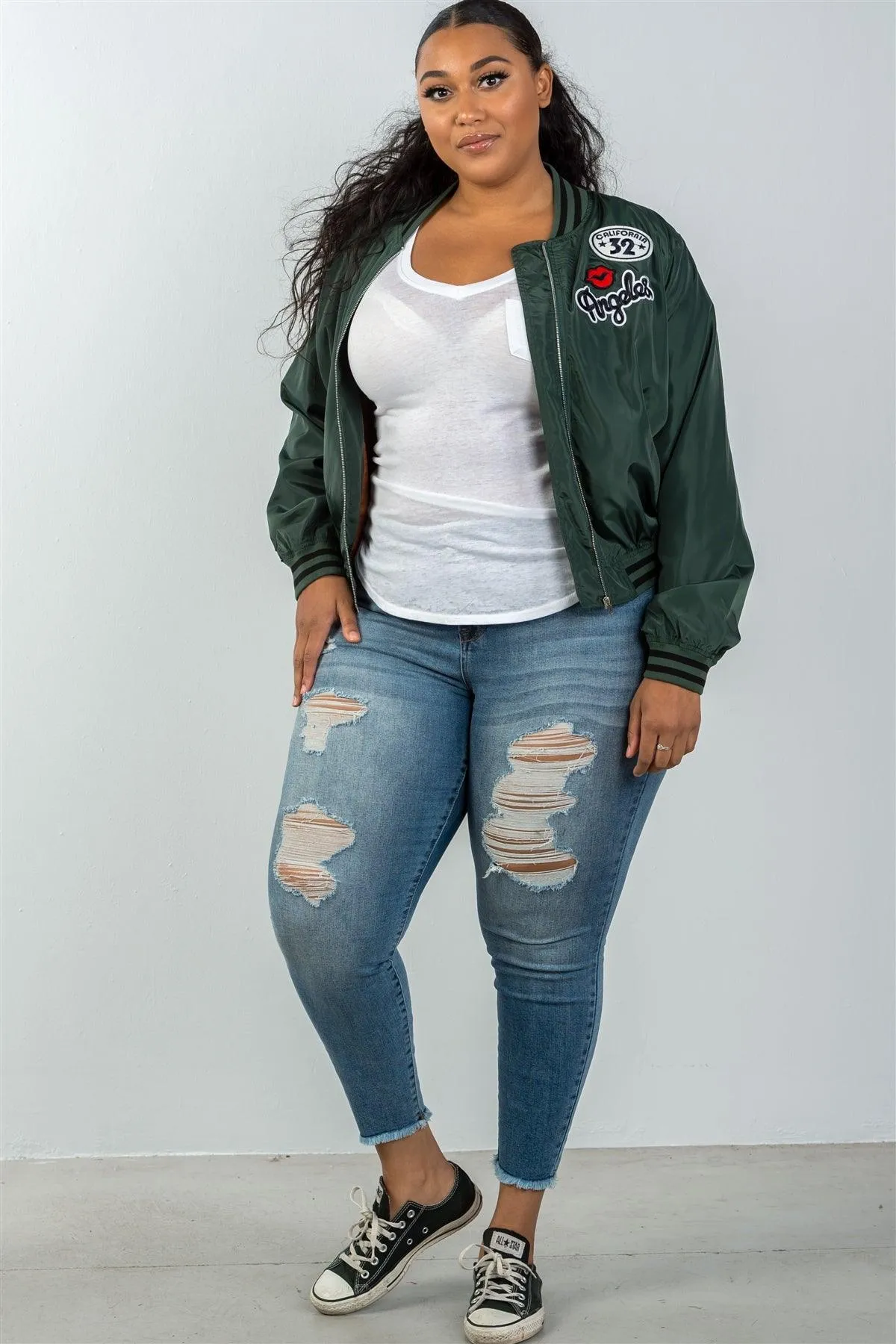 Plus Size Dark Green Patch Bomber Jacket / 2-2-2