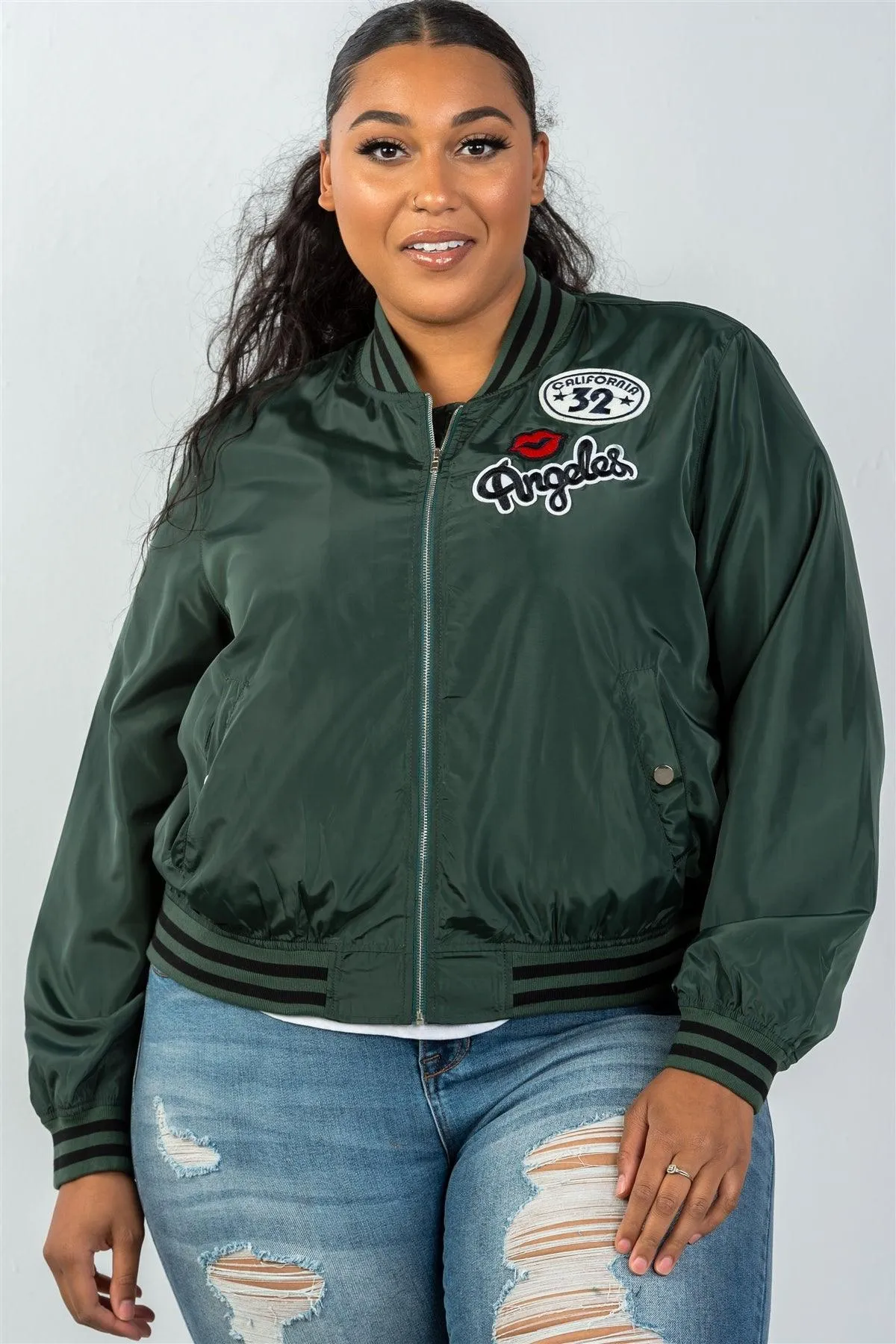 Plus Size Dark Green Patch Bomber Jacket / 2-2-2