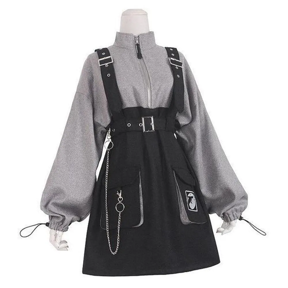 Punk Zipper Chain Pocket Sweatshirt Dress