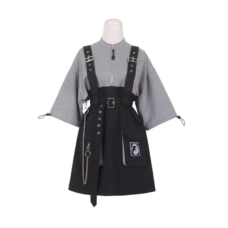Punk Zipper Chain Pocket Sweatshirt Dress