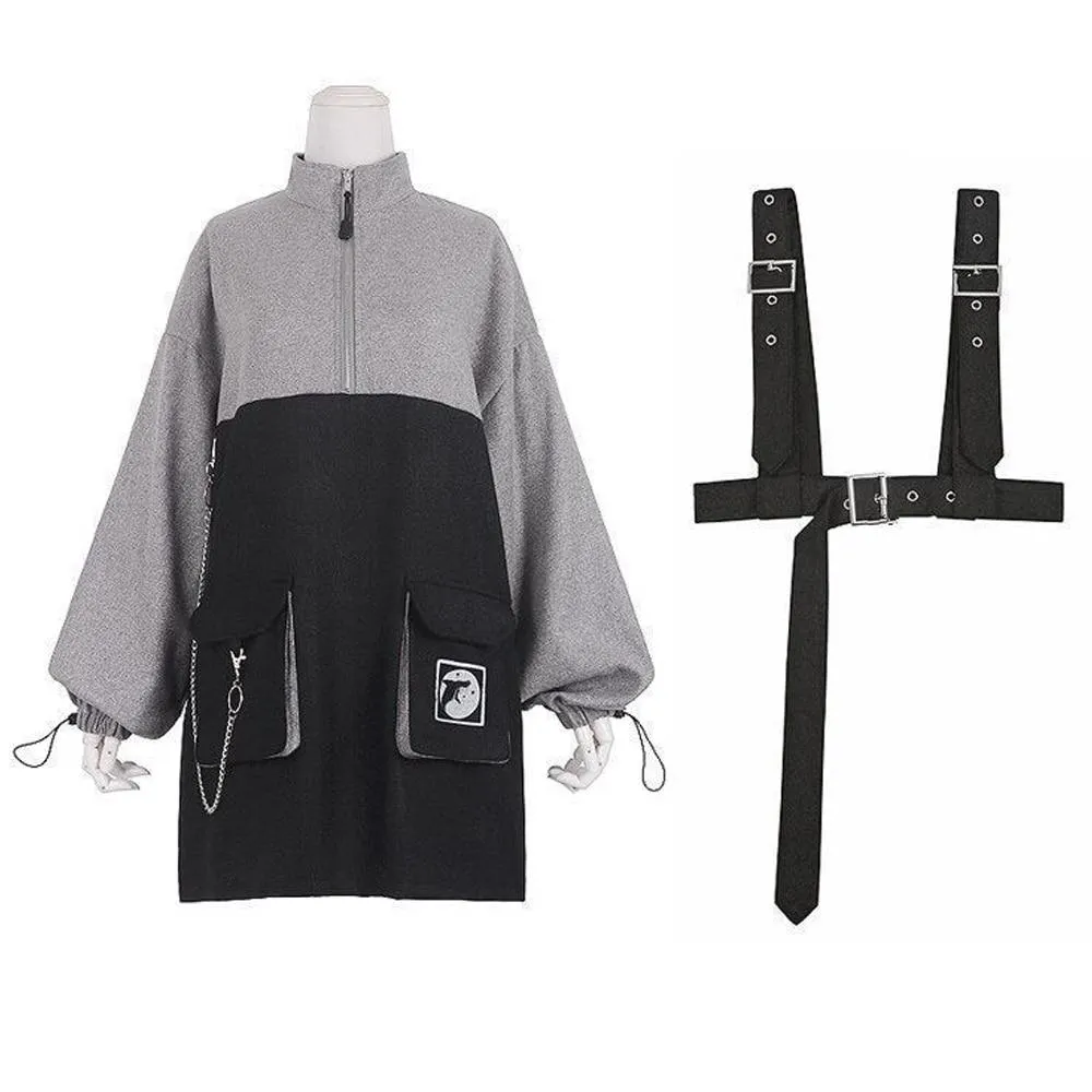 Punk Zipper Chain Pocket Sweatshirt Dress