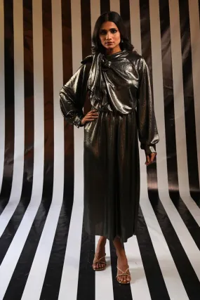 Pussy Bow Dress in Antique Gold Lame