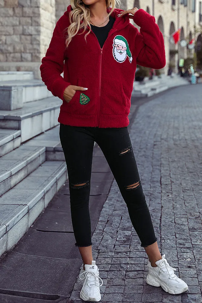 Red Santa Patchwork Zipper Pockets Fleece Hooded Coat
