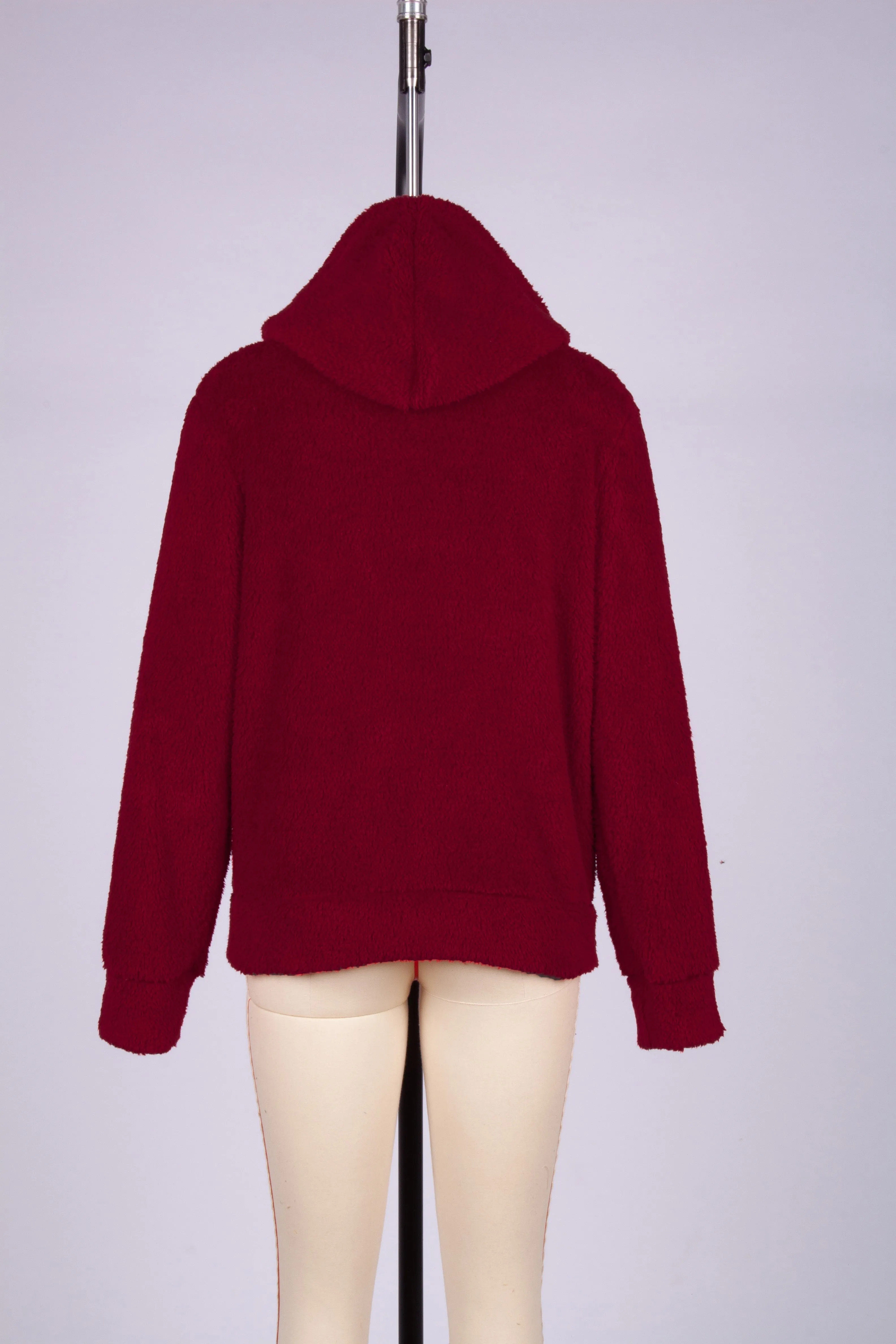 Red Santa Patchwork Zipper Pockets Fleece Hooded Coat