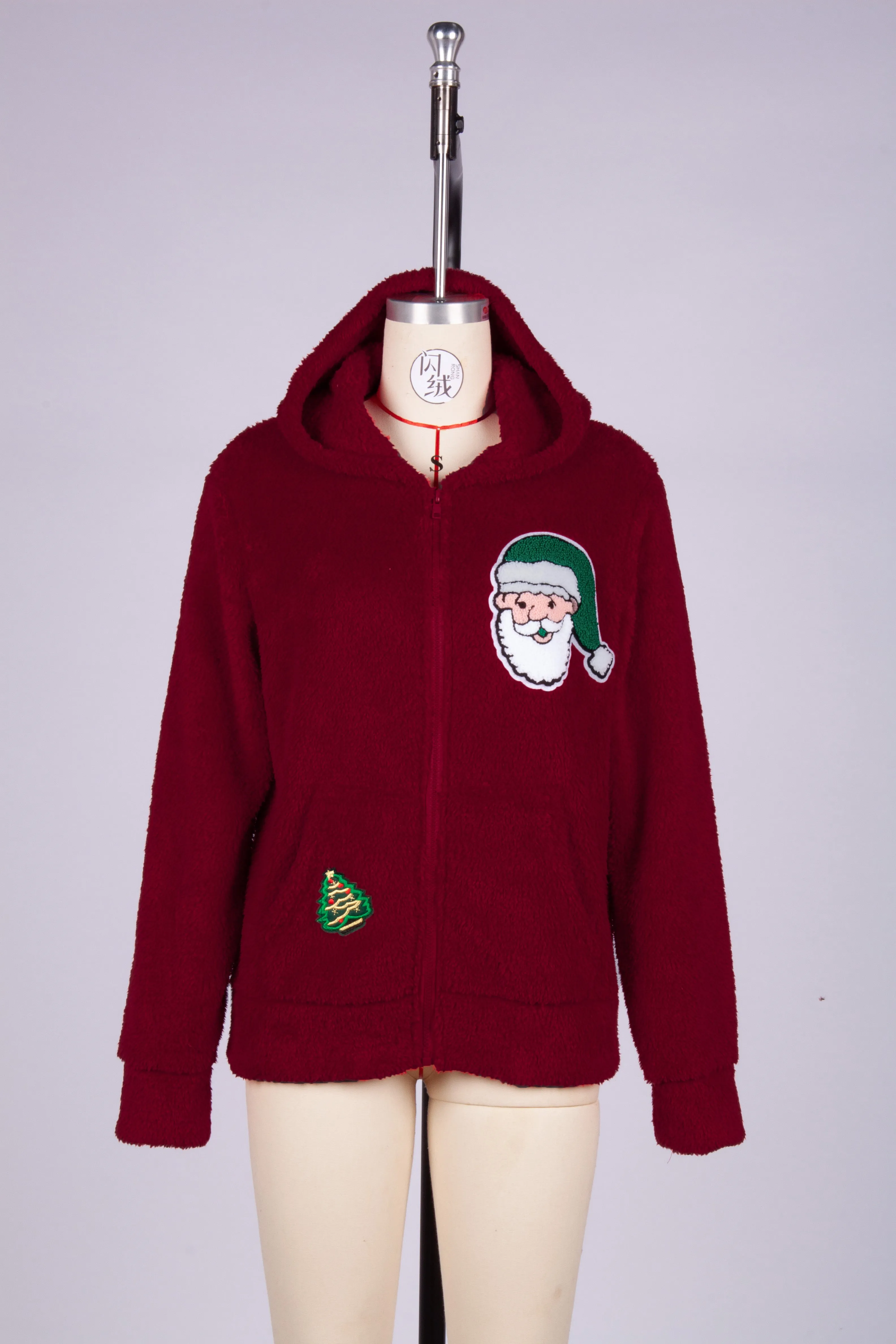 Red Santa Patchwork Zipper Pockets Fleece Hooded Coat