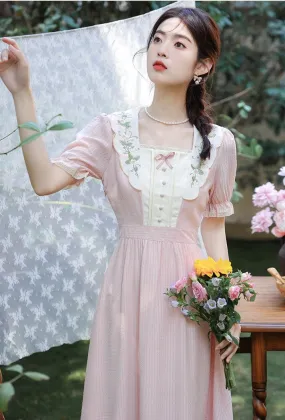 Retro Cottagecore Embroidery Pink Dress