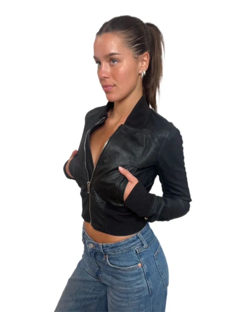 Rick Owens Black Leather Bomber Jacket. Size: 38
