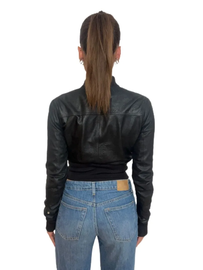 Rick Owens Black Leather Bomber Jacket. Size: 38