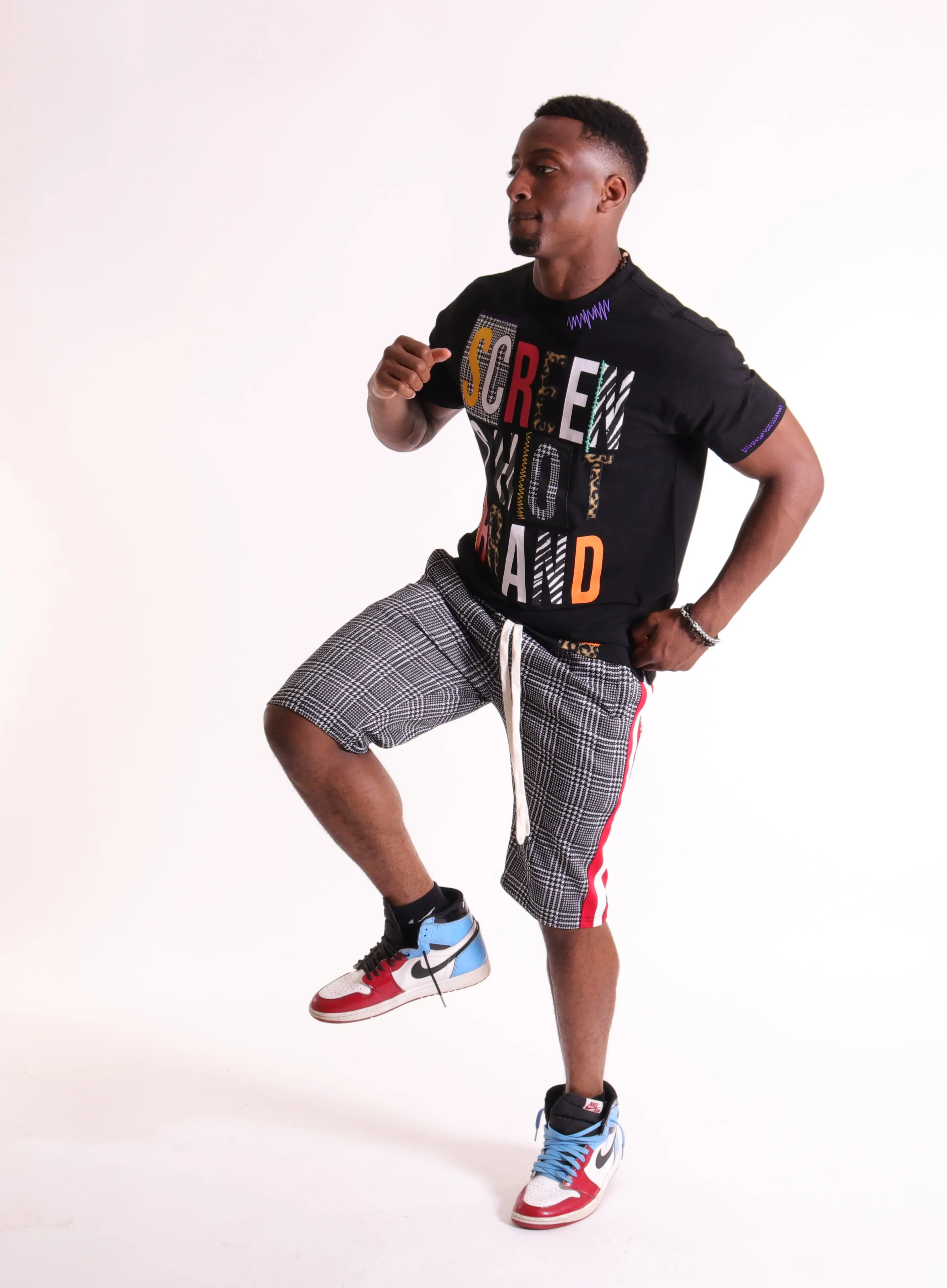 S91701-FASHION TRACK SHORTS (BLACK/PATTERN)