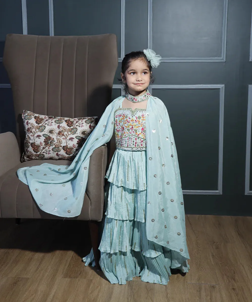 Sea-Green Coloured Stylish Lehenga Choli for Kids