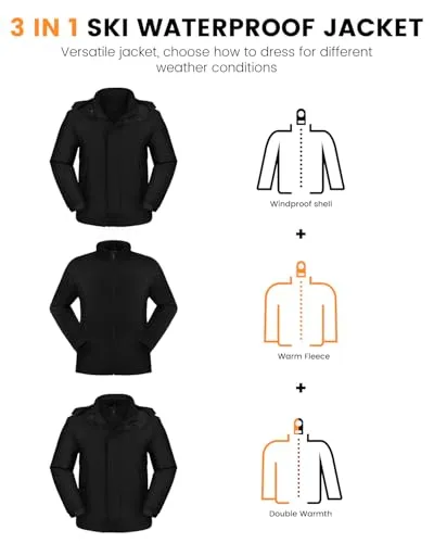 Ski Jackets for Men 3 in 1 Winter Jacket Waterproof Snow Coat with Removable Hood for Outdoor Hunting Skiing