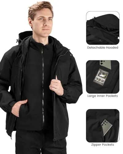 Ski Jackets for Men 3 in 1 Winter Jacket Waterproof Snow Coat with Removable Hood for Outdoor Hunting Skiing