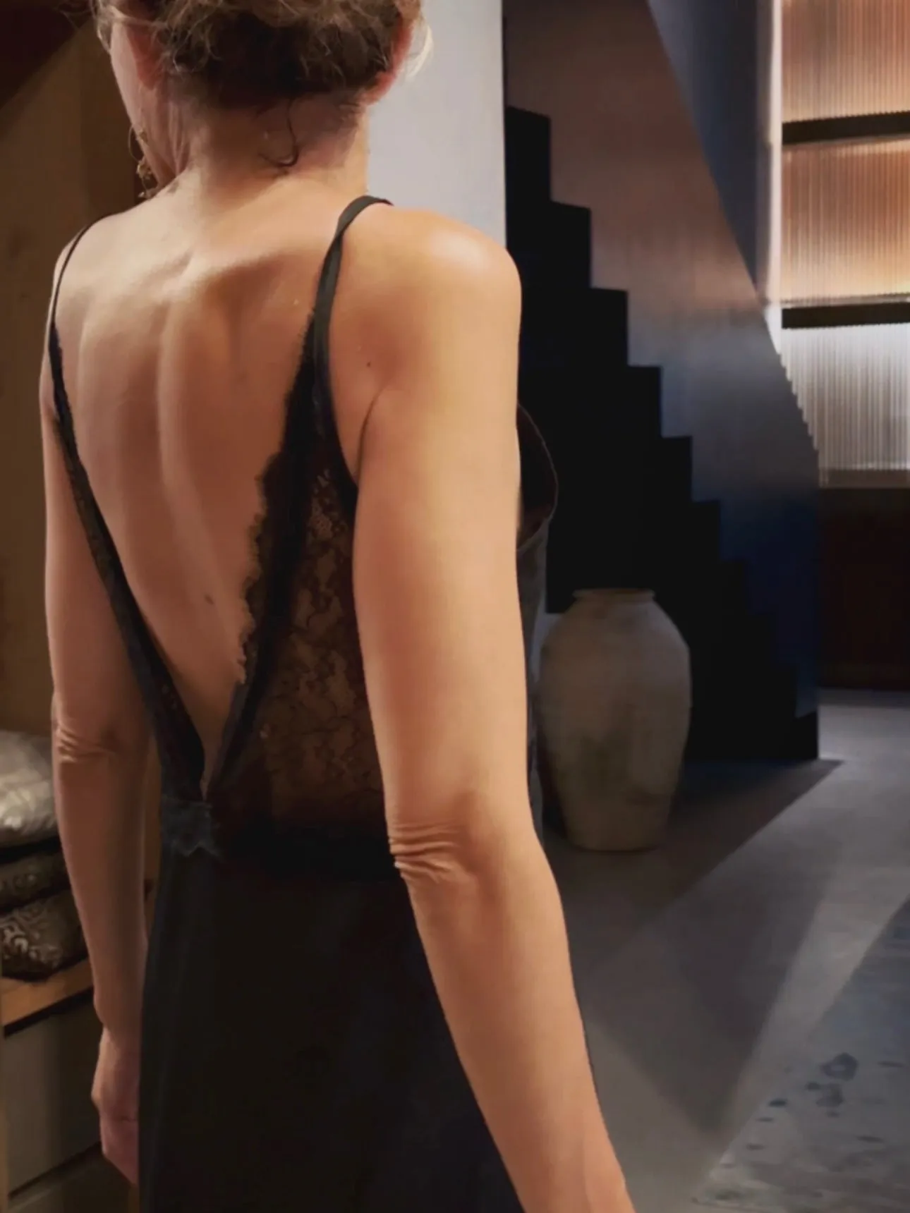 SLIP IN DRESS WITH LACE - BLACK