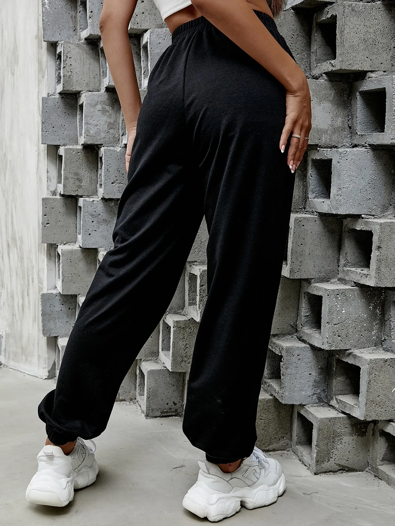 Slogan Fake Drawstring Natural Long Women Sweatpants