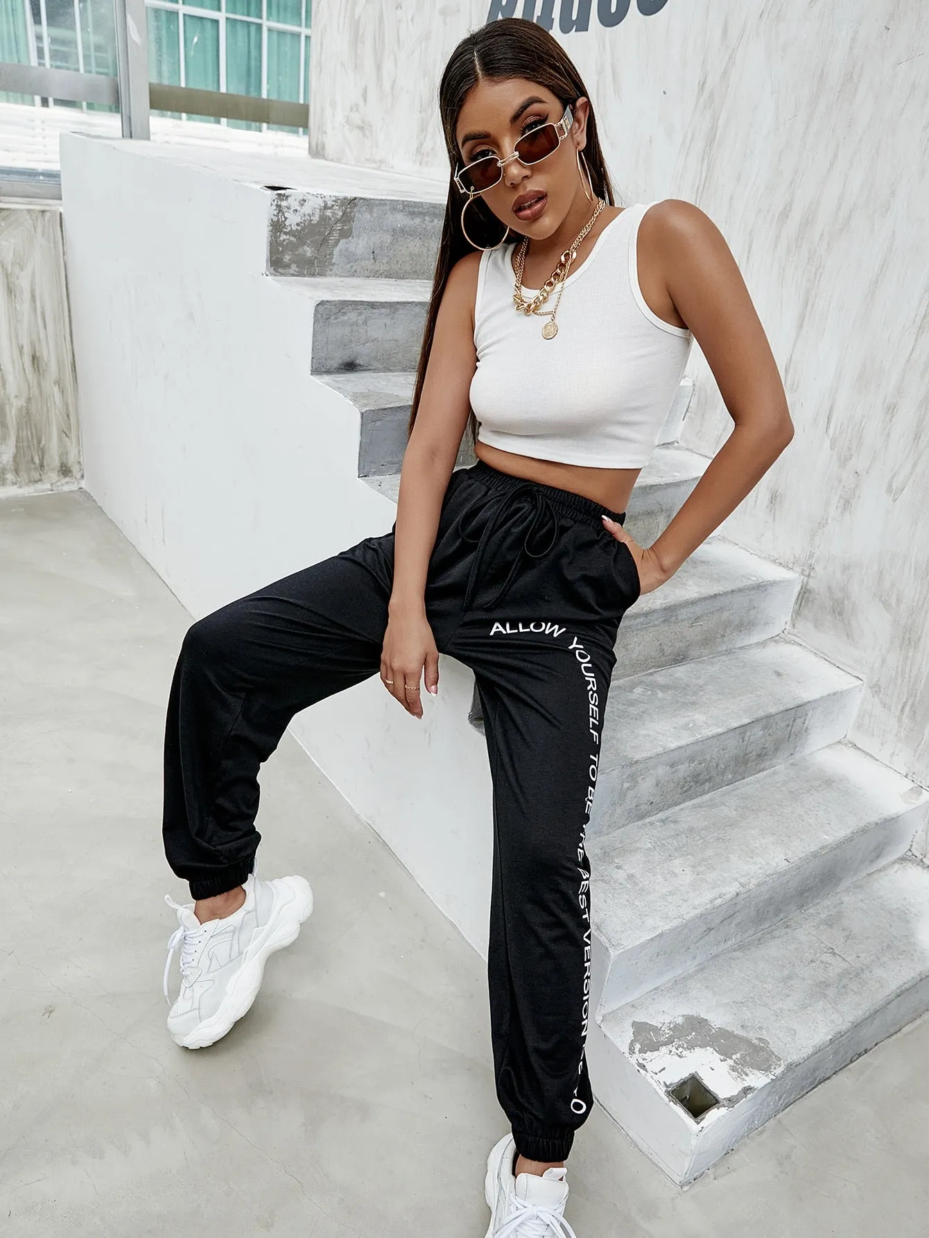 Slogan Fake Drawstring Natural Long Women Sweatpants