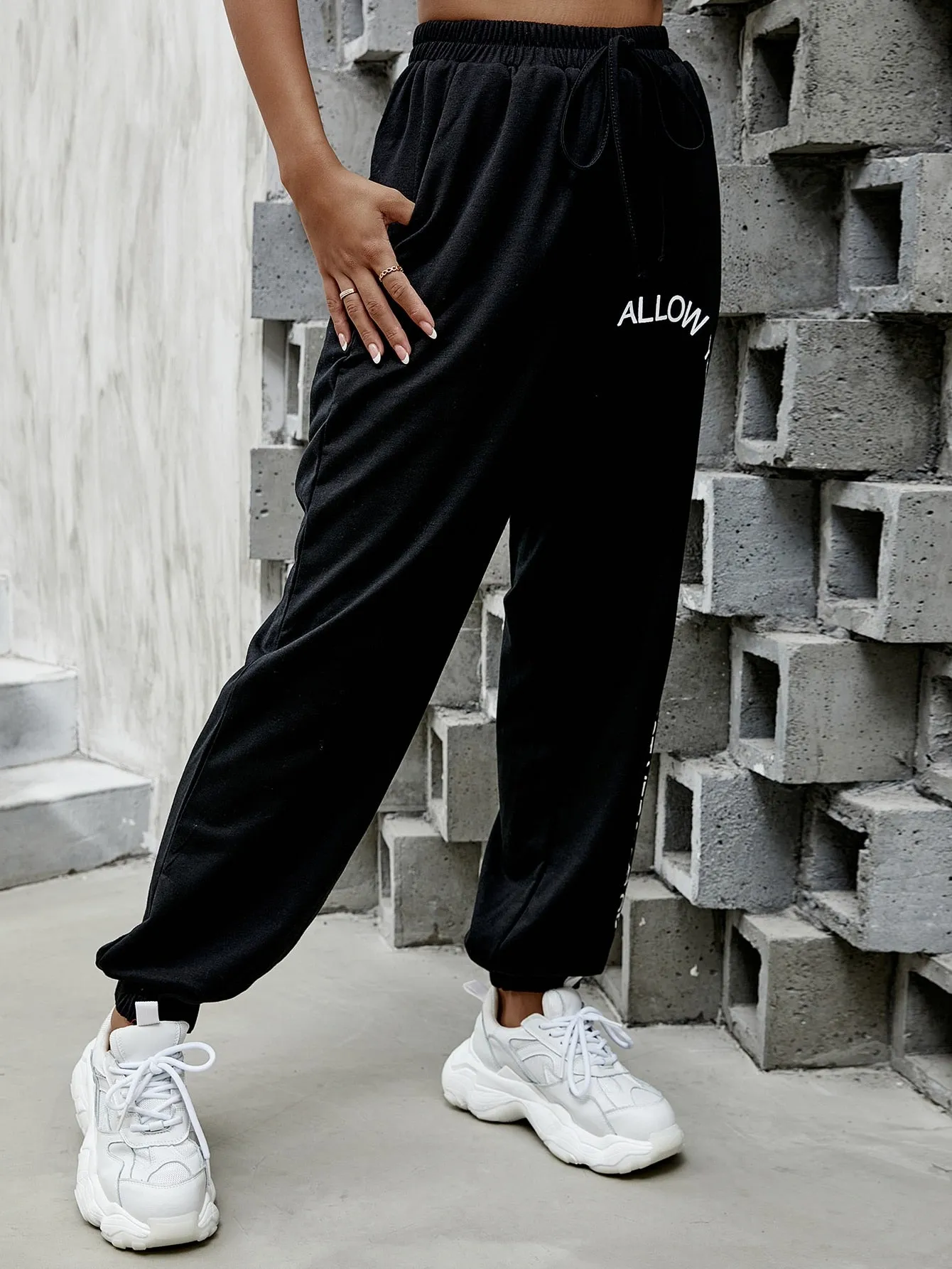 Slogan Fake Drawstring Natural Long Women Sweatpants