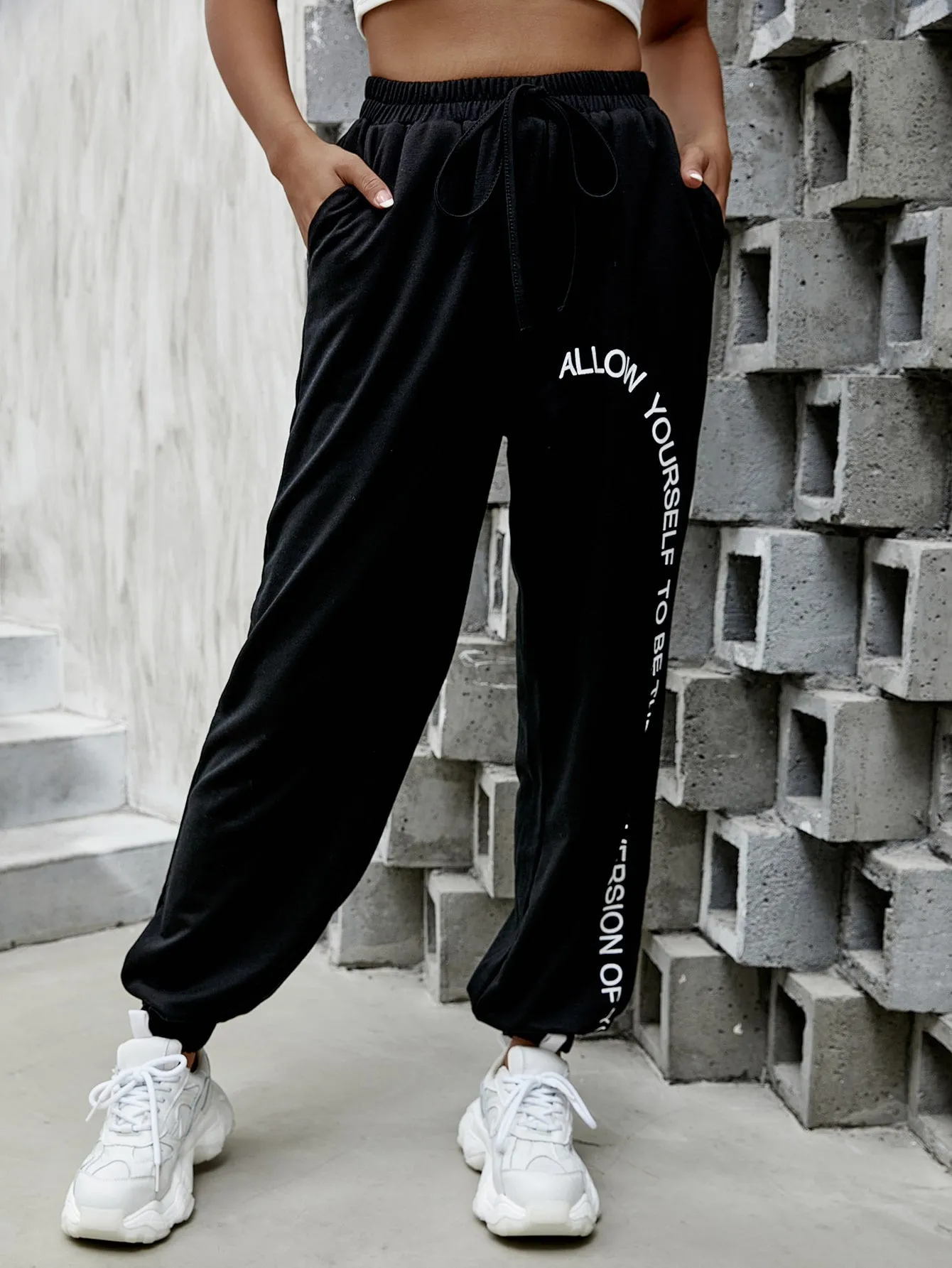 Slogan Fake Drawstring Natural Long Women Sweatpants