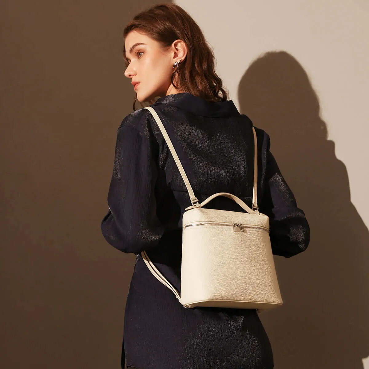 Solid Leather Backpack with Double Zippers