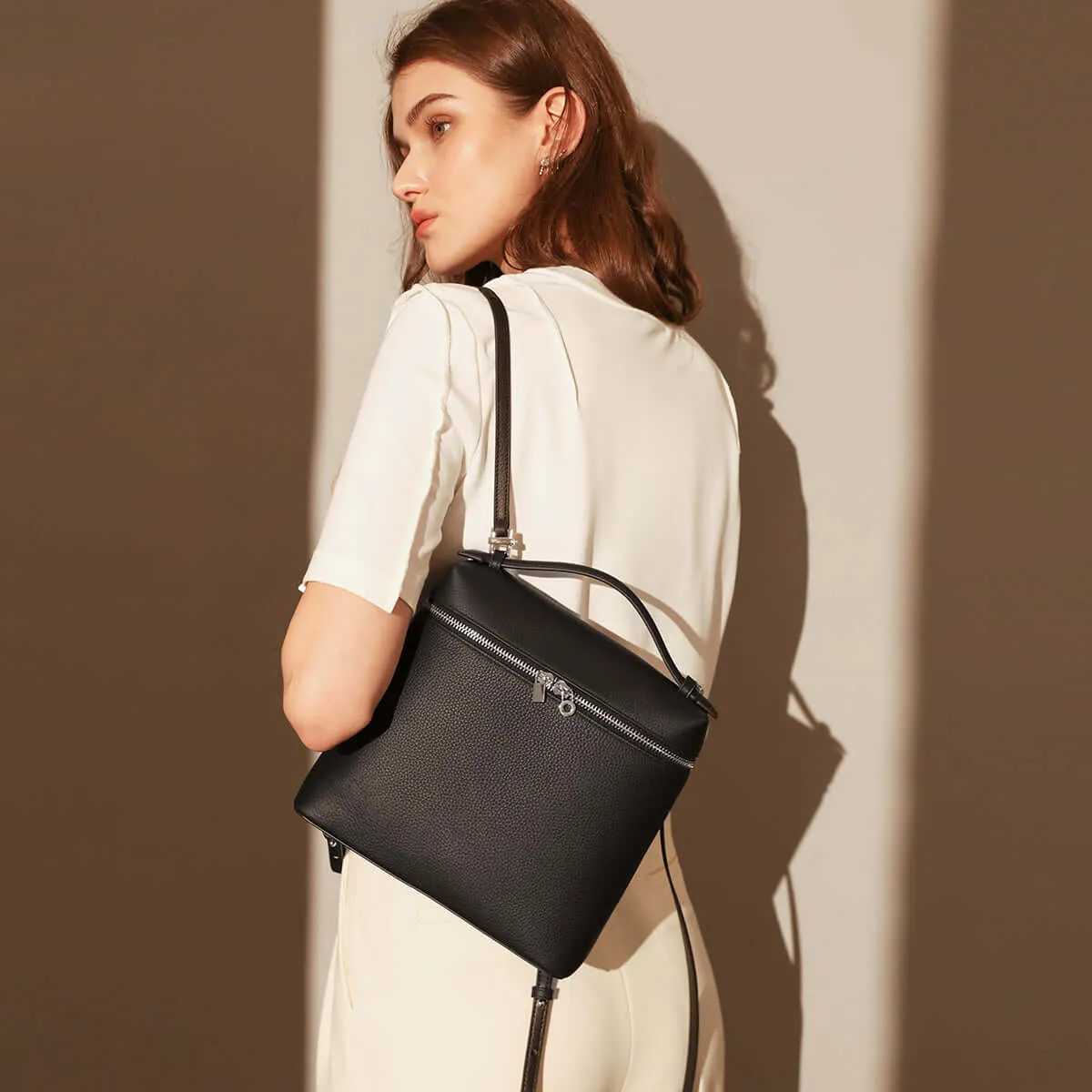 Solid Leather Backpack with Double Zippers