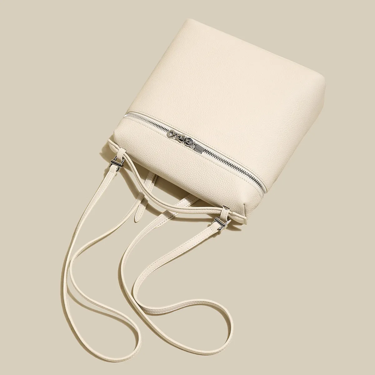 Solid Leather Backpack with Double Zippers