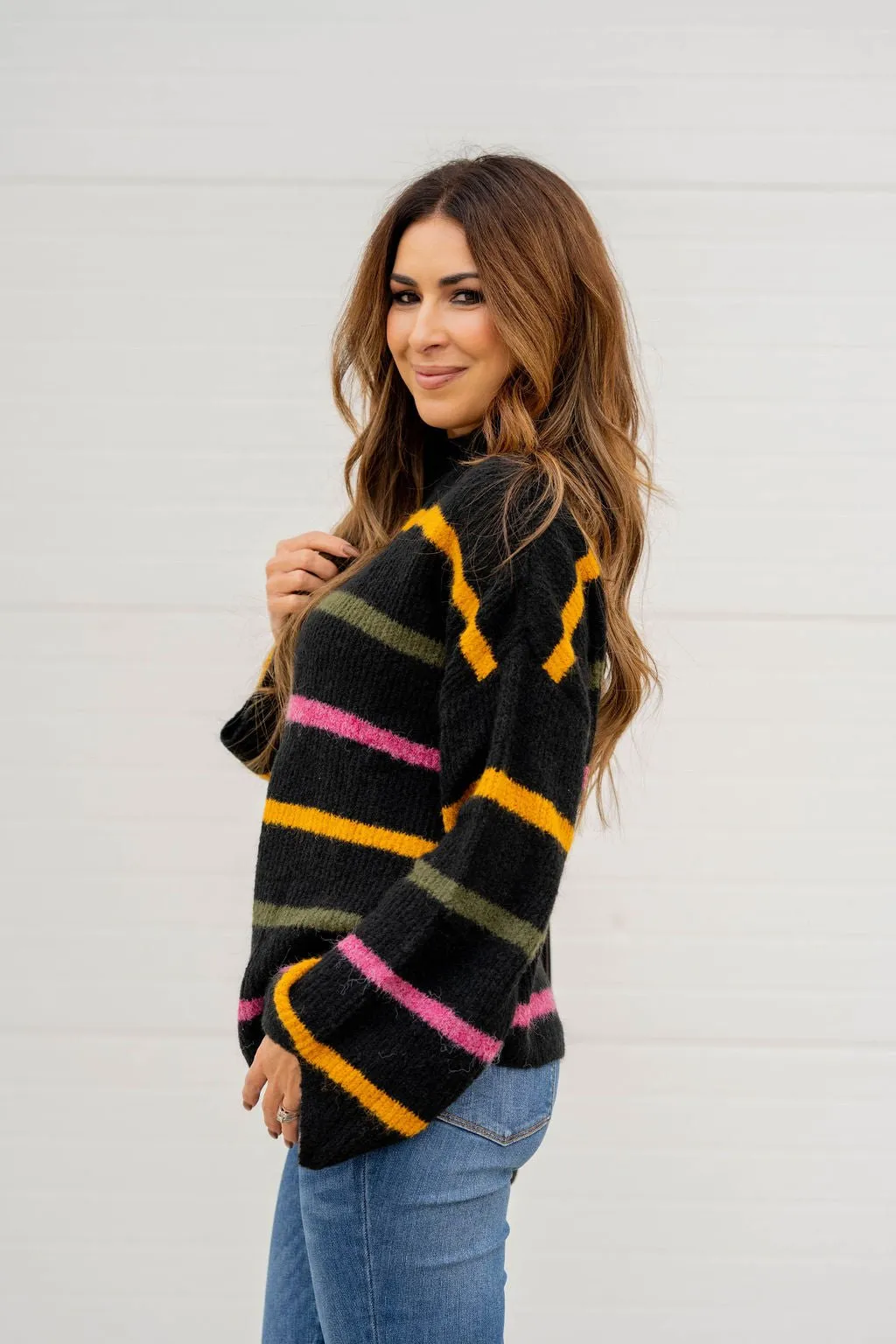 Striped Wide Sleeve Mock Neck Sweater