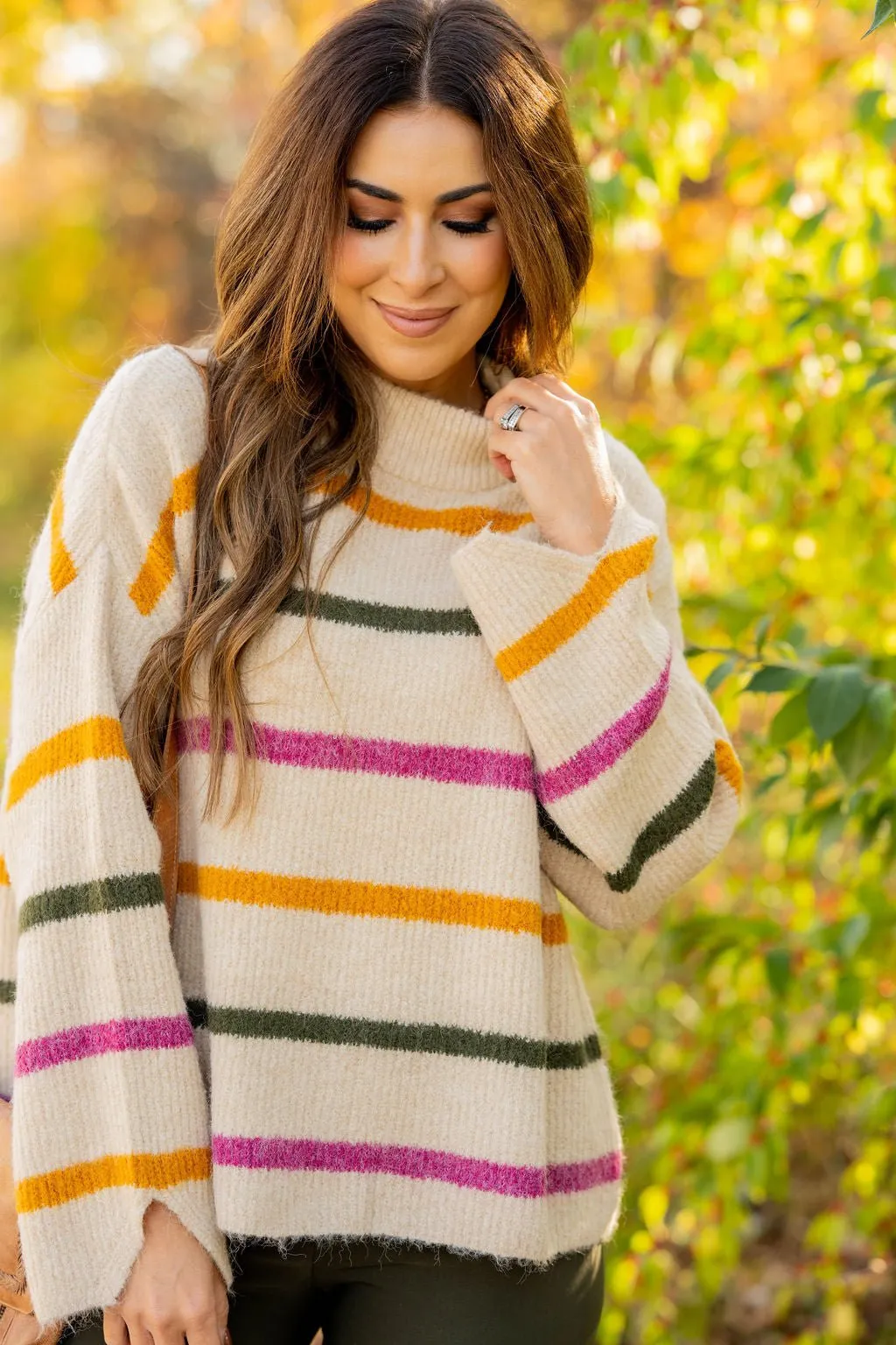 Striped Wide Sleeve Mock Neck Sweater