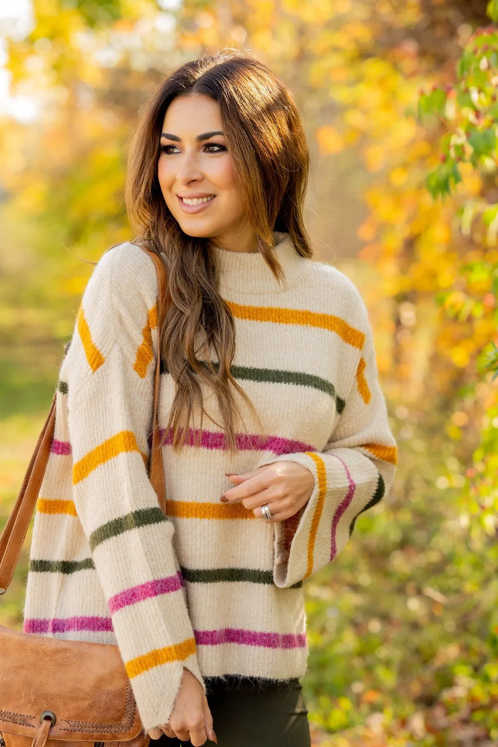 Striped Wide Sleeve Mock Neck Sweater