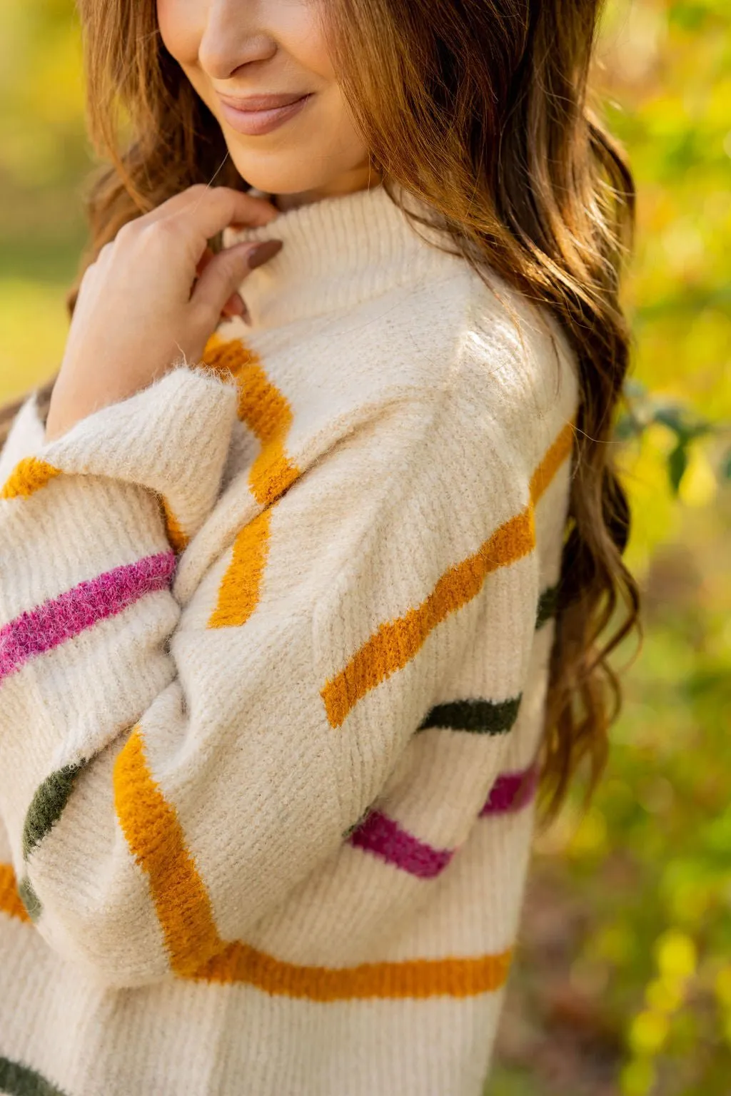 Striped Wide Sleeve Mock Neck Sweater