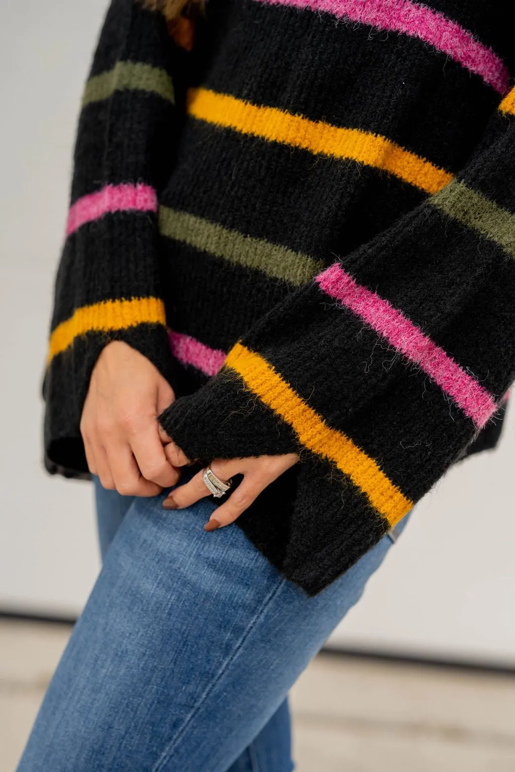 Striped Wide Sleeve Mock Neck Sweater