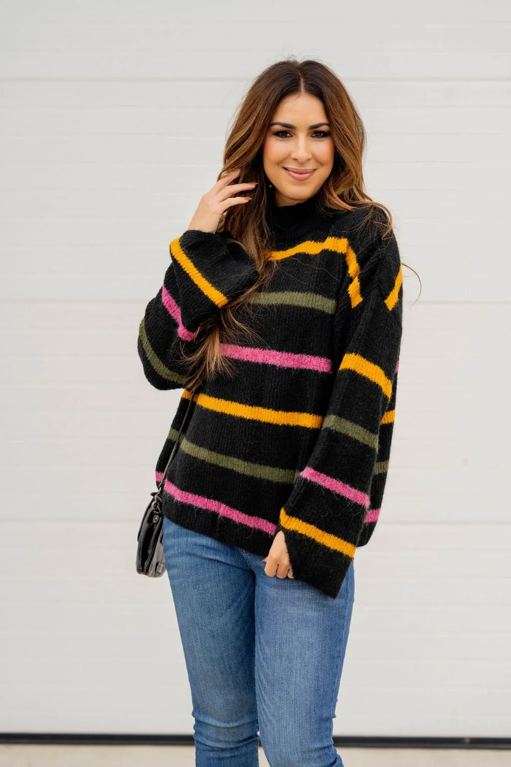 Striped Wide Sleeve Mock Neck Sweater