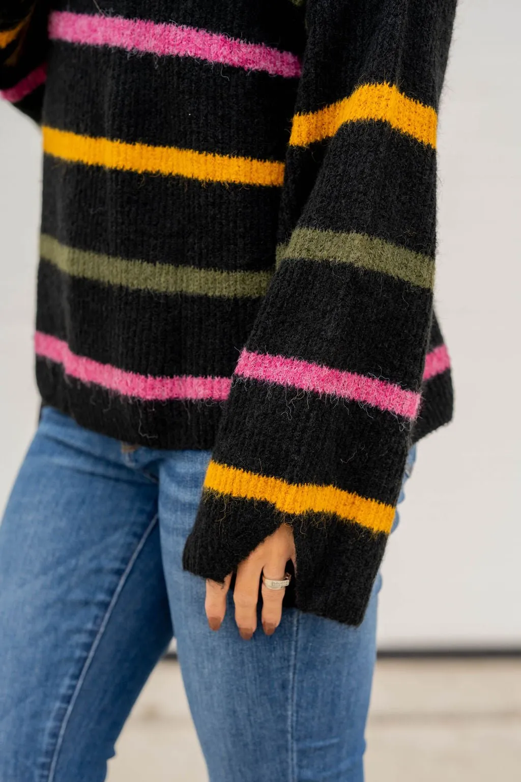 Striped Wide Sleeve Mock Neck Sweater