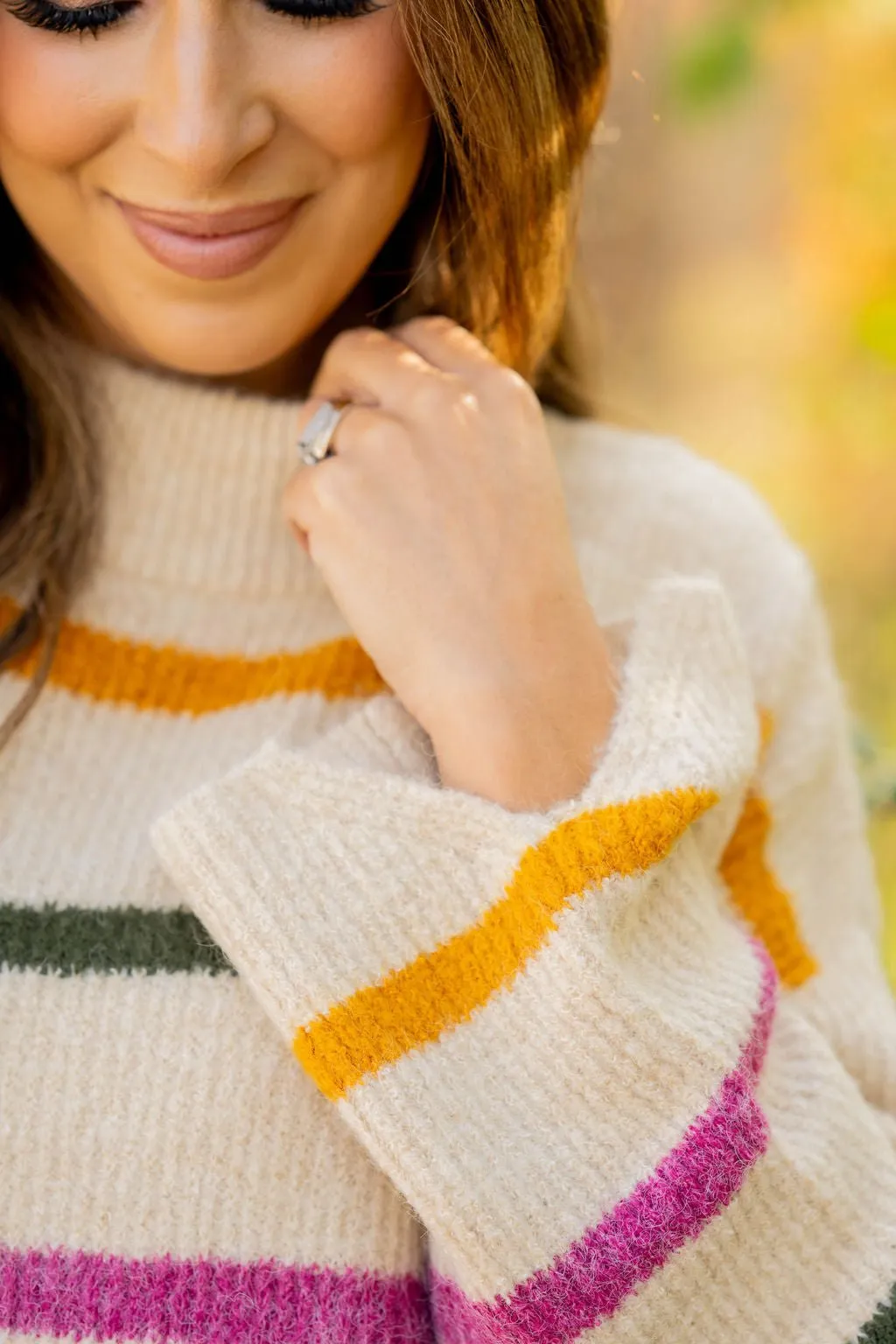 Striped Wide Sleeve Mock Neck Sweater