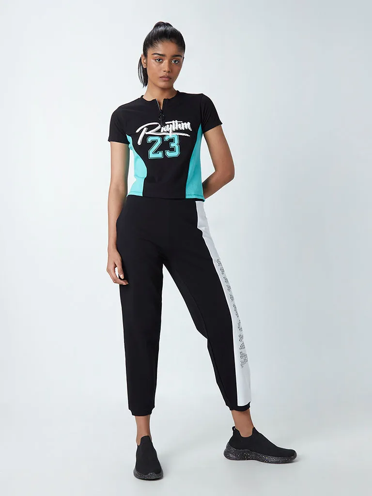 Studiofit Black Typographic Design Cotton Blend Crop T-Shirt