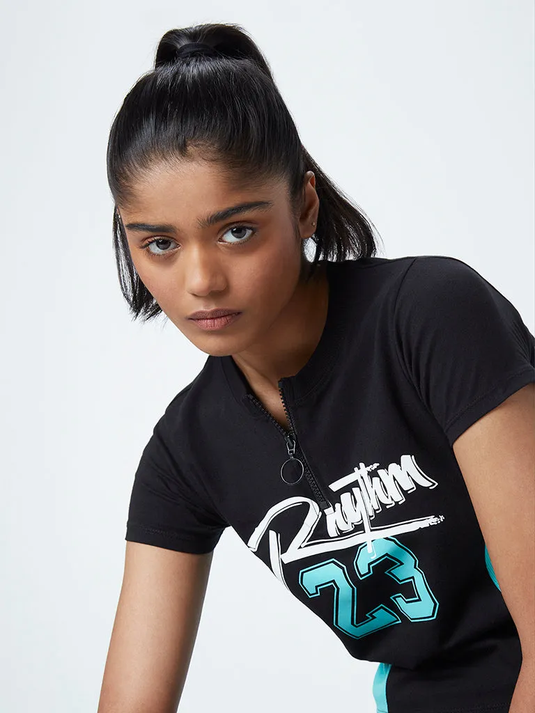 Studiofit Black Typographic Design Cotton Blend Crop T-Shirt