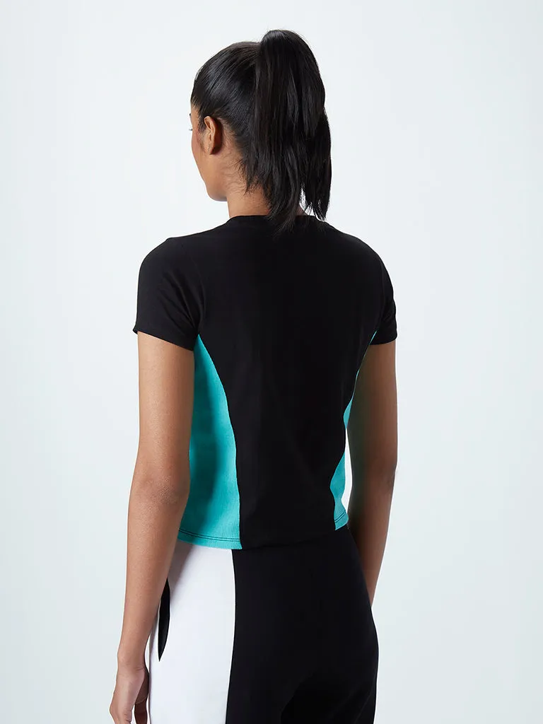 Studiofit Black Typographic Design Cotton Blend Crop T-Shirt