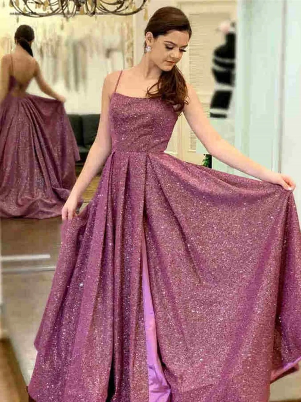Stylish Backless Purple Sequins Long Prom Dress, Purple Long Formal Evening Dresses