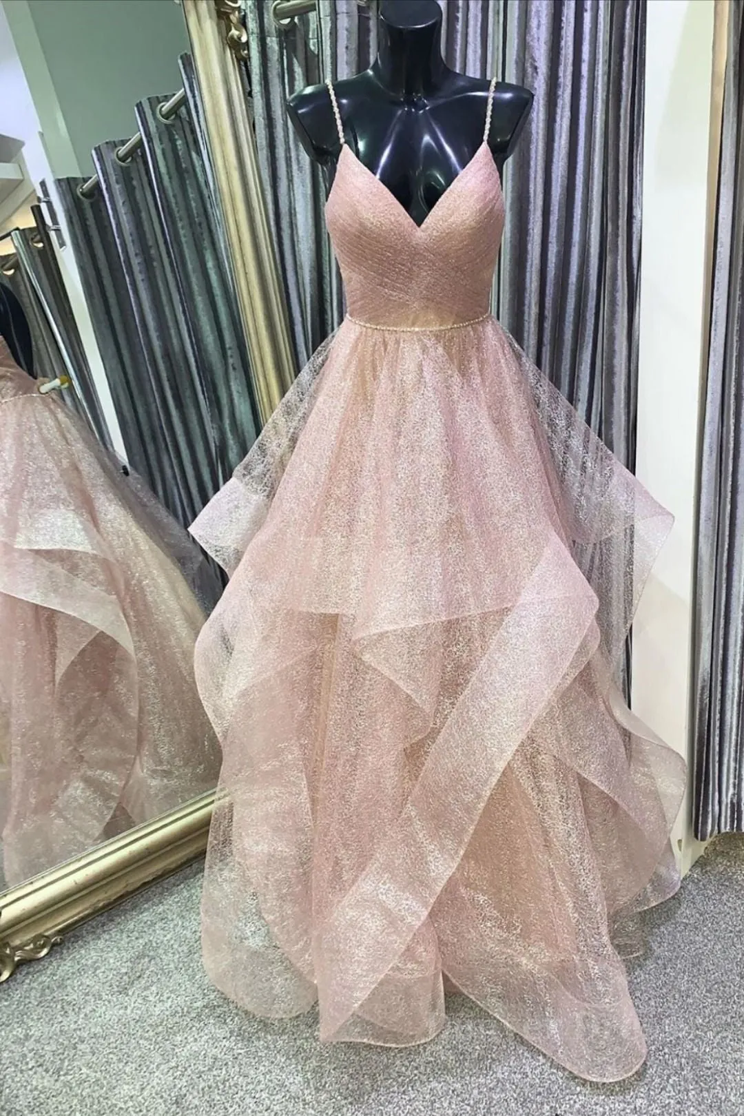 Stylish V Neck Backless Rose Gold Long Prom Dress Backless Rose Gold Formal Dress Fluffy Rose Gold Evening Dress