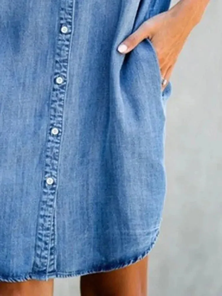 Summer New Single Breasted Denim Shirt Dress Women's Casual Loose Pocket Simple Retro Commuter Female Office Denim Short Skirt