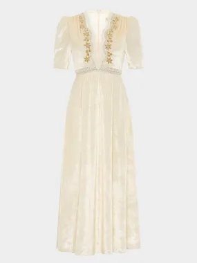 Tabitha Dress in Tusk Silver Vines Embroidery