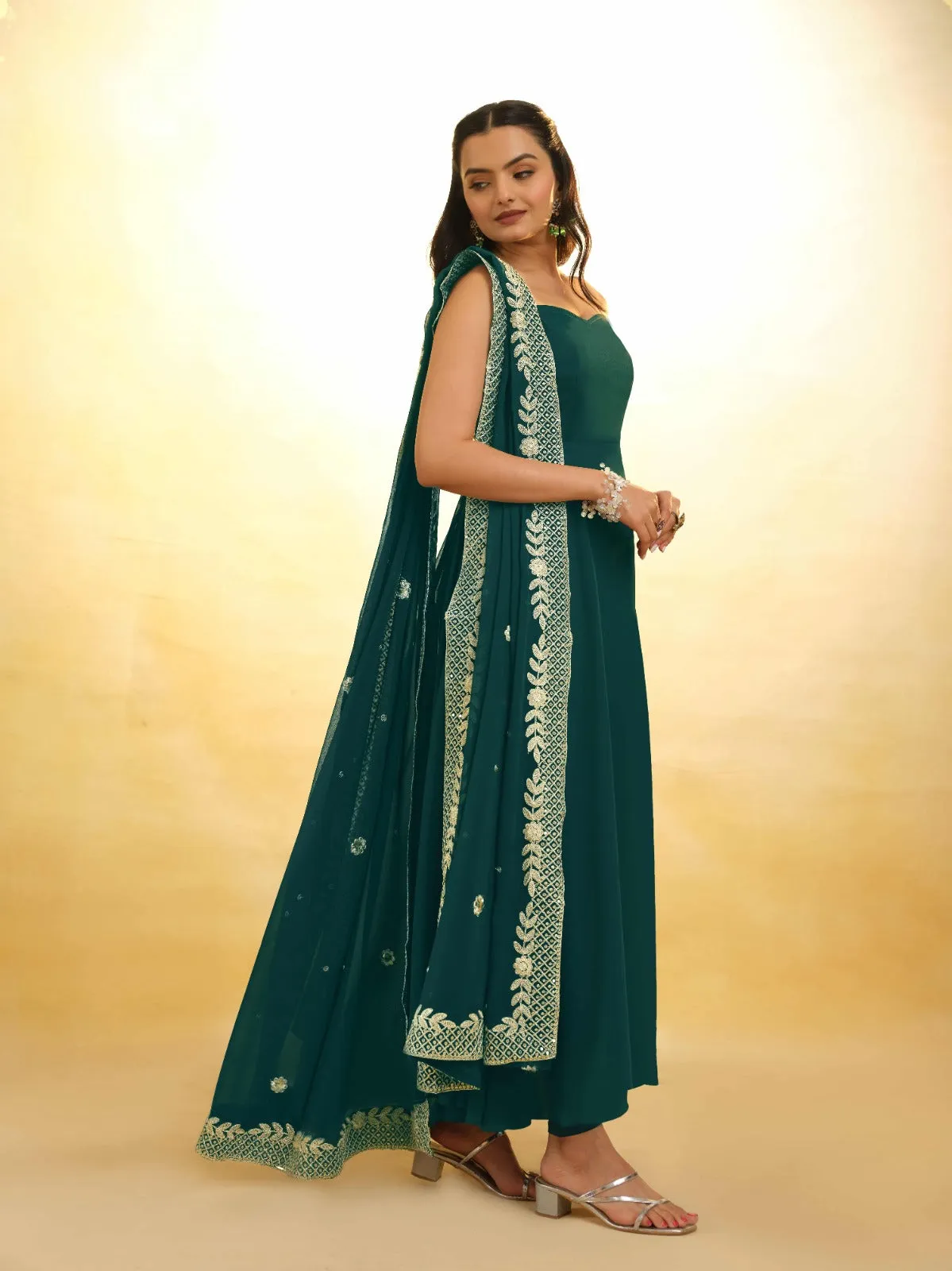Teal Color Stylish Turquoise Georgette Dress with Embroidery – Ready to Wear