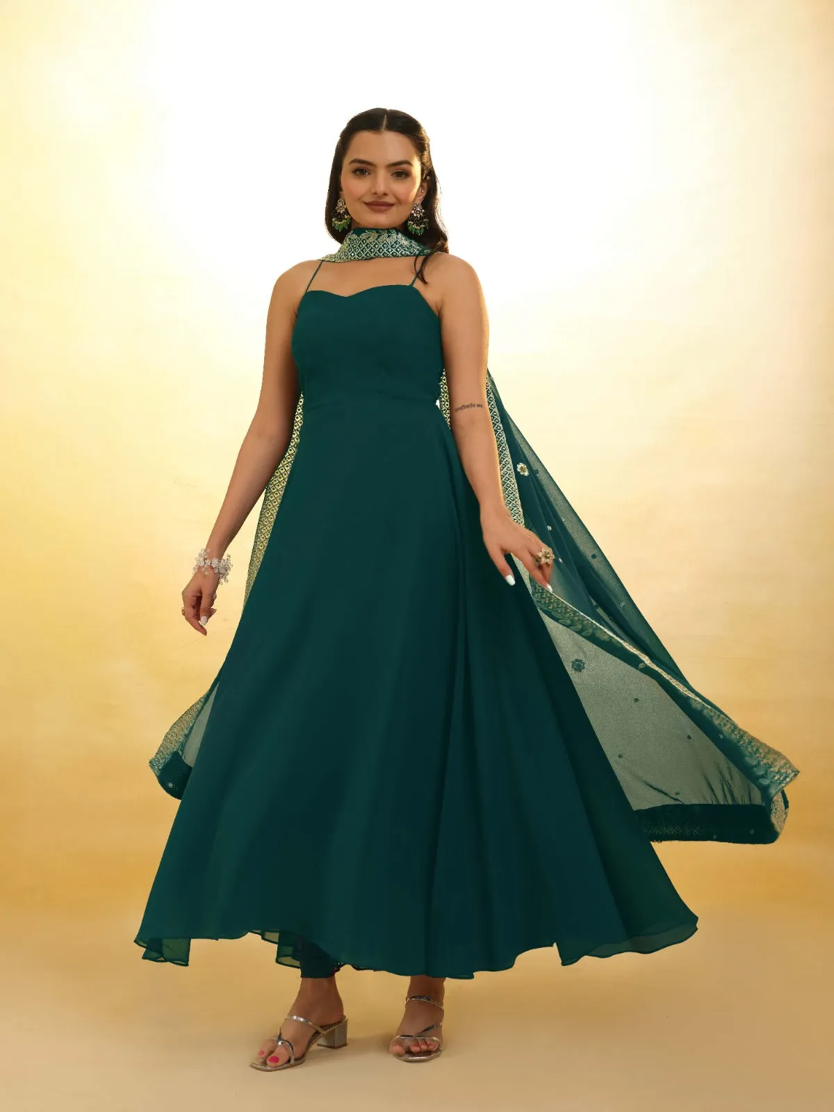Teal Color Stylish Turquoise Georgette Dress with Embroidery – Ready to Wear