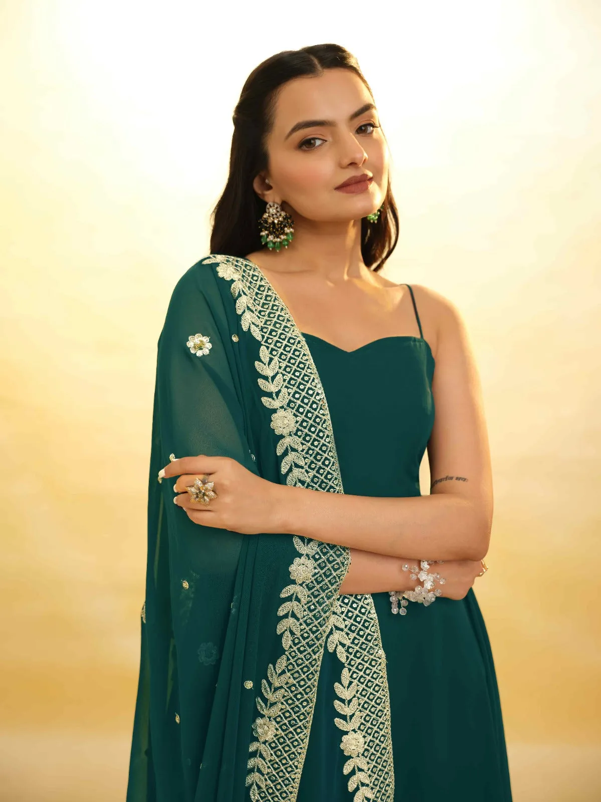 Teal Color Stylish Turquoise Georgette Dress with Embroidery – Ready to Wear
