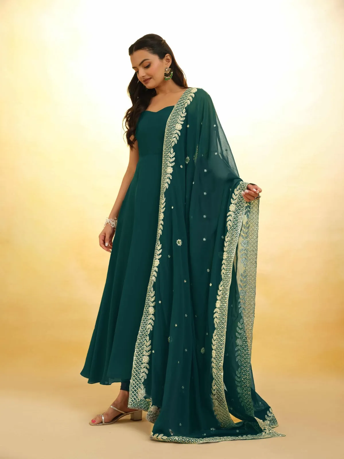 Teal Color Stylish Turquoise Georgette Dress with Embroidery – Ready to Wear